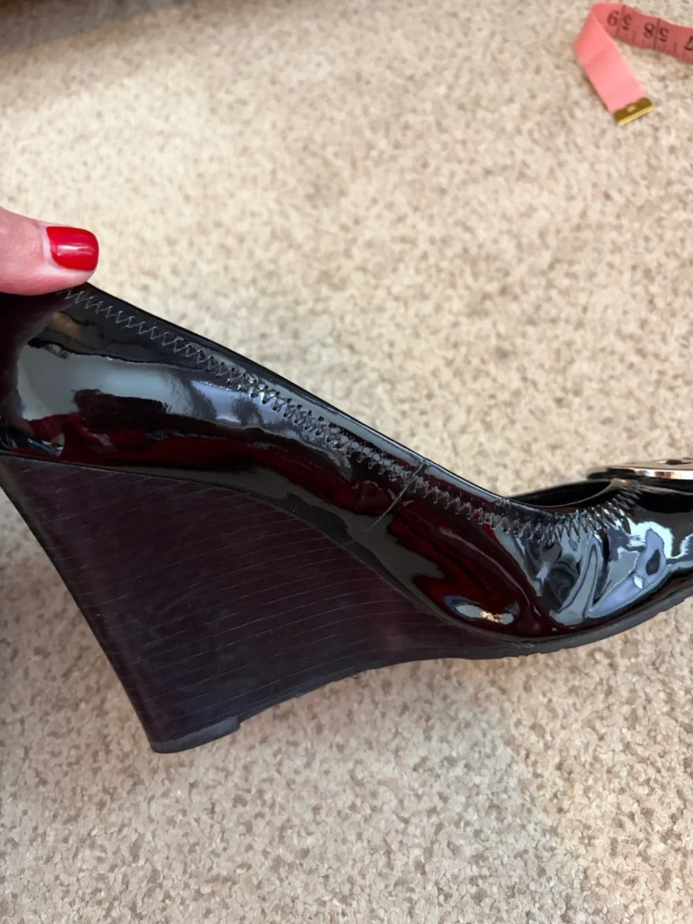 Tory Burch “Sophie” Black Patent Leather wedge heel with silver hardware, 8